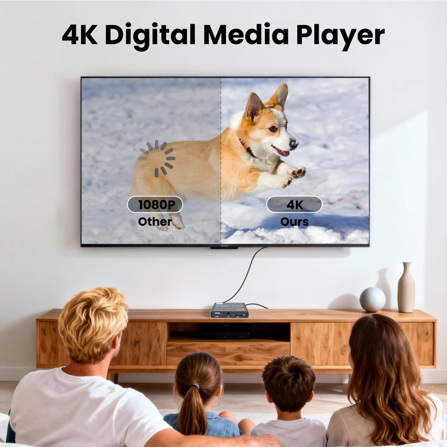 fnetic 4K Digital Media Player, TV MP4 Video Player with HDMI/AV Output, Digital Signage Mini HD Media Players for USB Drives/SD Cards, H.265/HEVC, Looping, Auto Playback, Grey