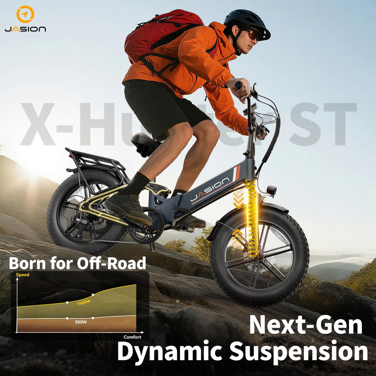 Jasion X-Hunter ST Electric Bike, 20" Fat Tire & 71Miles & 30+MPH Foldable Ebike, 1400W Peak Motor, 624WH Removable Battery, Full Suspension E Bike, Hydraulic Disc Brakes Bicycles