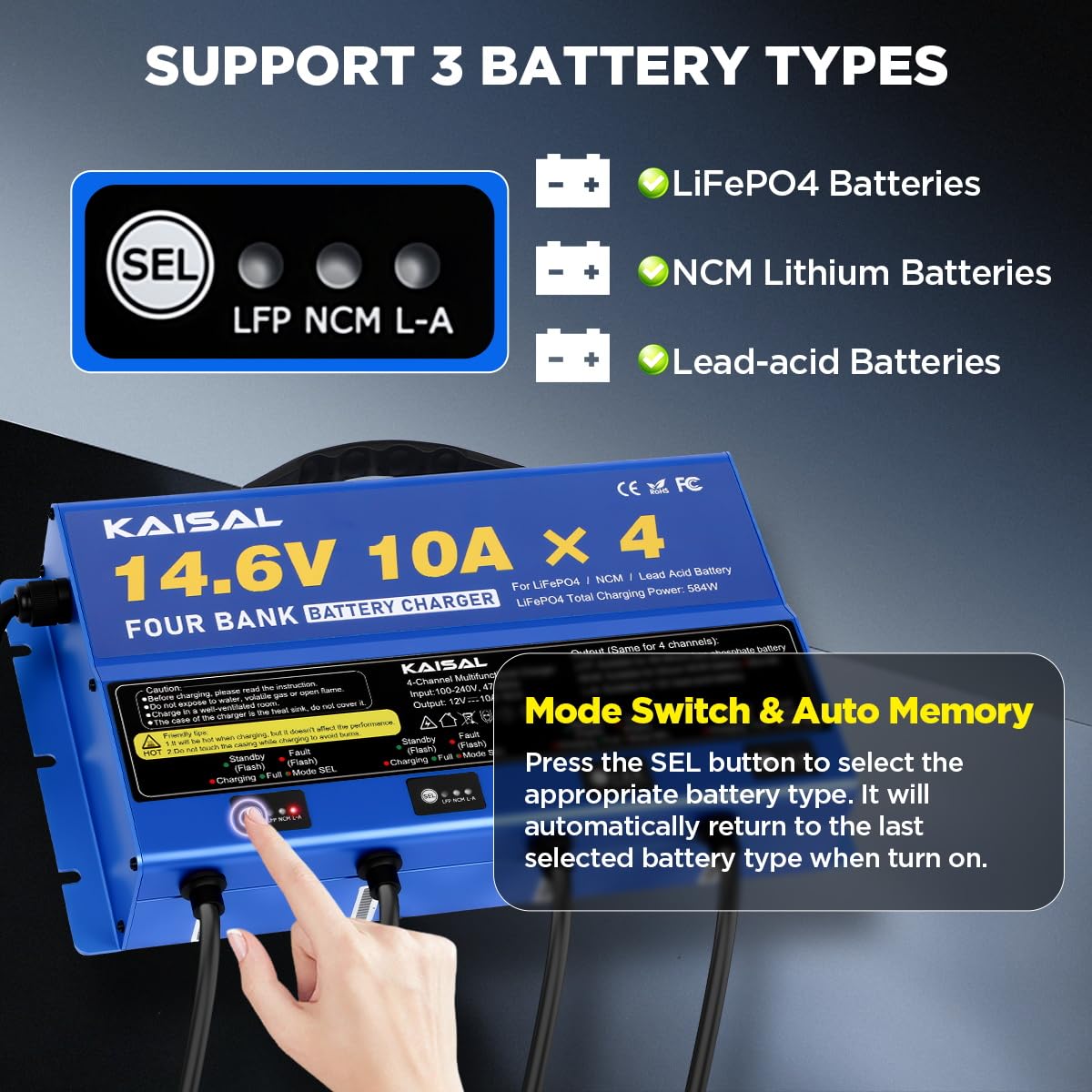 4 Bank Marine Battery Charger 12V 40A(10A/Bank) IP67 Waterproof 14.6V LiFePO4 & Lead-Acid & NCM Lithium Battery Charger 12 Volt 0V Wake Up 12V Onboard Battery Charger for Boat, Car, RV, Trolling Motor