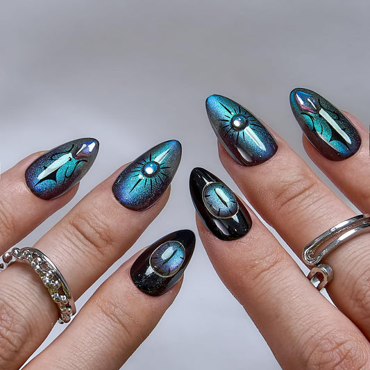 CurvLife Soft Gel Almond Press On Nails, Long-Lasting Reusable Fake Nails Kit with Glue & Tabs, 30pcs Salon-Quality Stick On Nails for Women At-Home Manicure (Cosmic Spell)