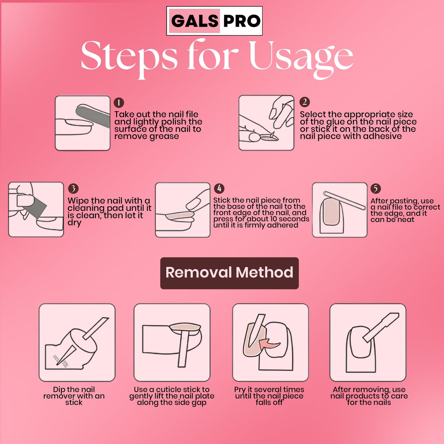 GALSPRO Long Press on Nails - Set of 24 Fake Nails with Designs in 12 Different Sizes for Perfect Fit, Cute False Nails Kit for Women with 0.07oz Nail Glue, A Double Sided Nail File & Cuticle Stick