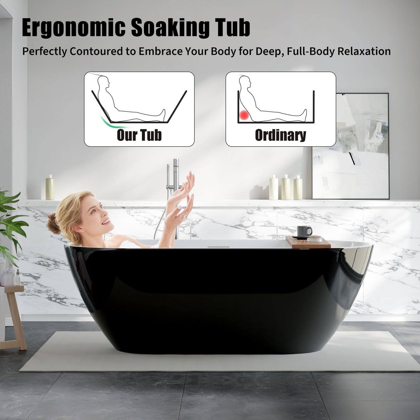 Luxury Freestanding Bathtub 67 Inch – Extra Large Acrylic Free Standing Soaking Tub with Integrated Overflow & Chrome Drain, Black & White Stand Alone Bathtub for Modern Bathroom