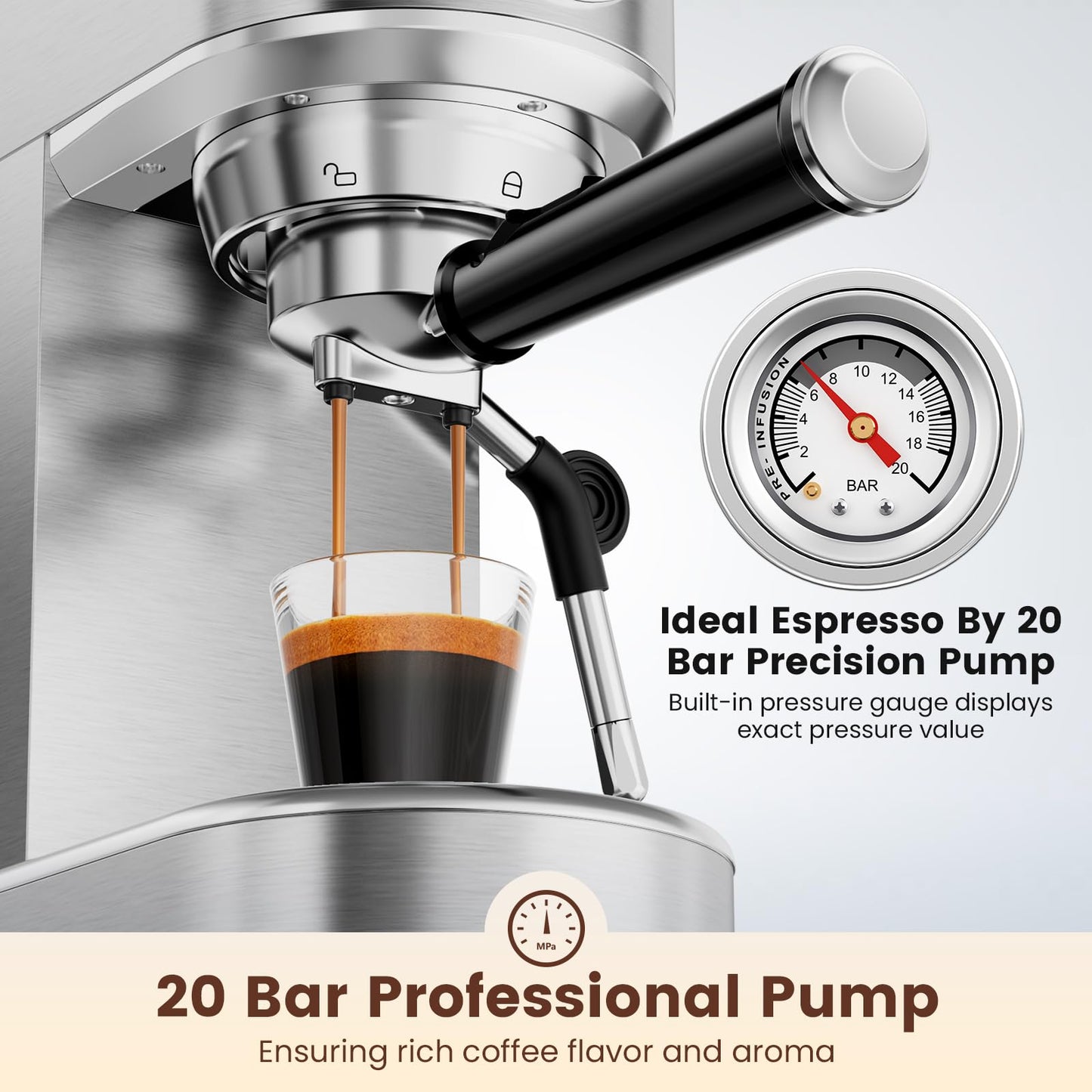 ANYCOLD Espresso Machine 20 Bar, Compact Espresso Maker, Stainless Steel Expresso Coffee Machines with Steam Milk Frother & 34oz Removable Water Tank for Cappuccino, Latte, Home Office Use, Silver