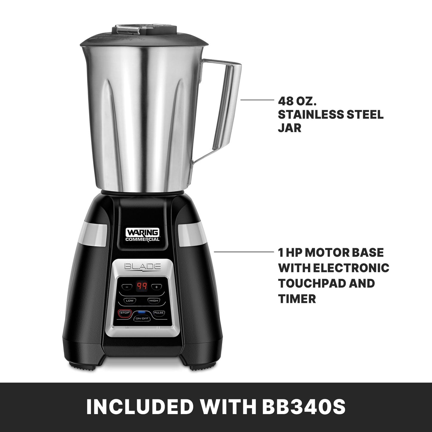Waring Commercial BB340 Blade 1 HP Blender, 2-Speed Key Pad with Pulse and 99 Second Countdown Timer , 48 oz Stainless Steel Container, 120V, 5-15 Phase Plug