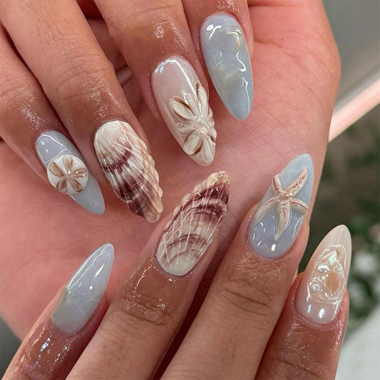 IMRAIN Almond Press on Nails Medium Fake Nails with 3D Sea Star, Shell Design Blue Glossy Full Cover Acrylic False Nails Stick on Nails for Women Girls DIY Manicure 24Pcs