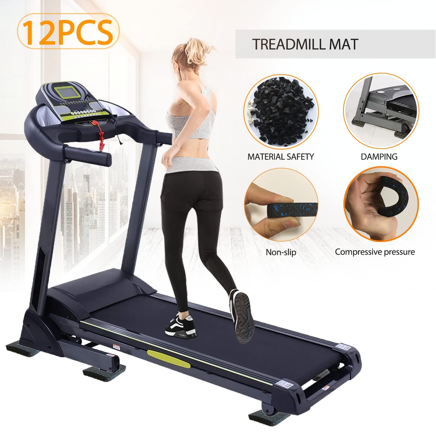 BestXD Treadmill Mat Pads - 12 PCS Bulk Pack High Density Rubber Squares for Multiple Exercise Equipment - Anti-Vibration Noise Dampening Pads for Rower, Stationary Bike, Weight Bench