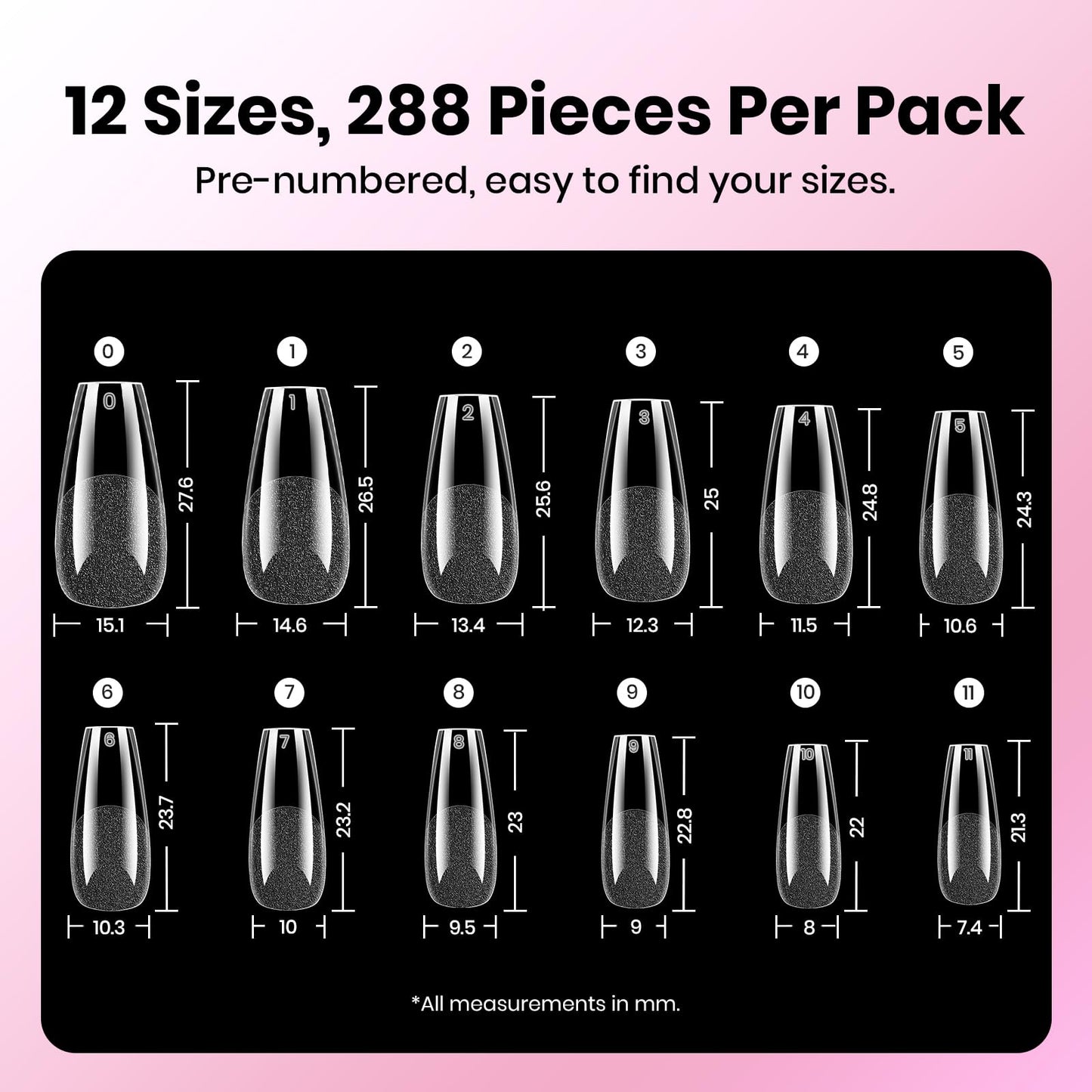 Beetles Gel Nail Kit Etch-X, Medium Coffin, 288pcs 12 Sizes Nail tips, 3Pcs 15ml HEMA-Free Nail Glue Top Coat & Base Gel Set, for Acrylic Press On Nail, Long Lasting Extension DIY Set at Home