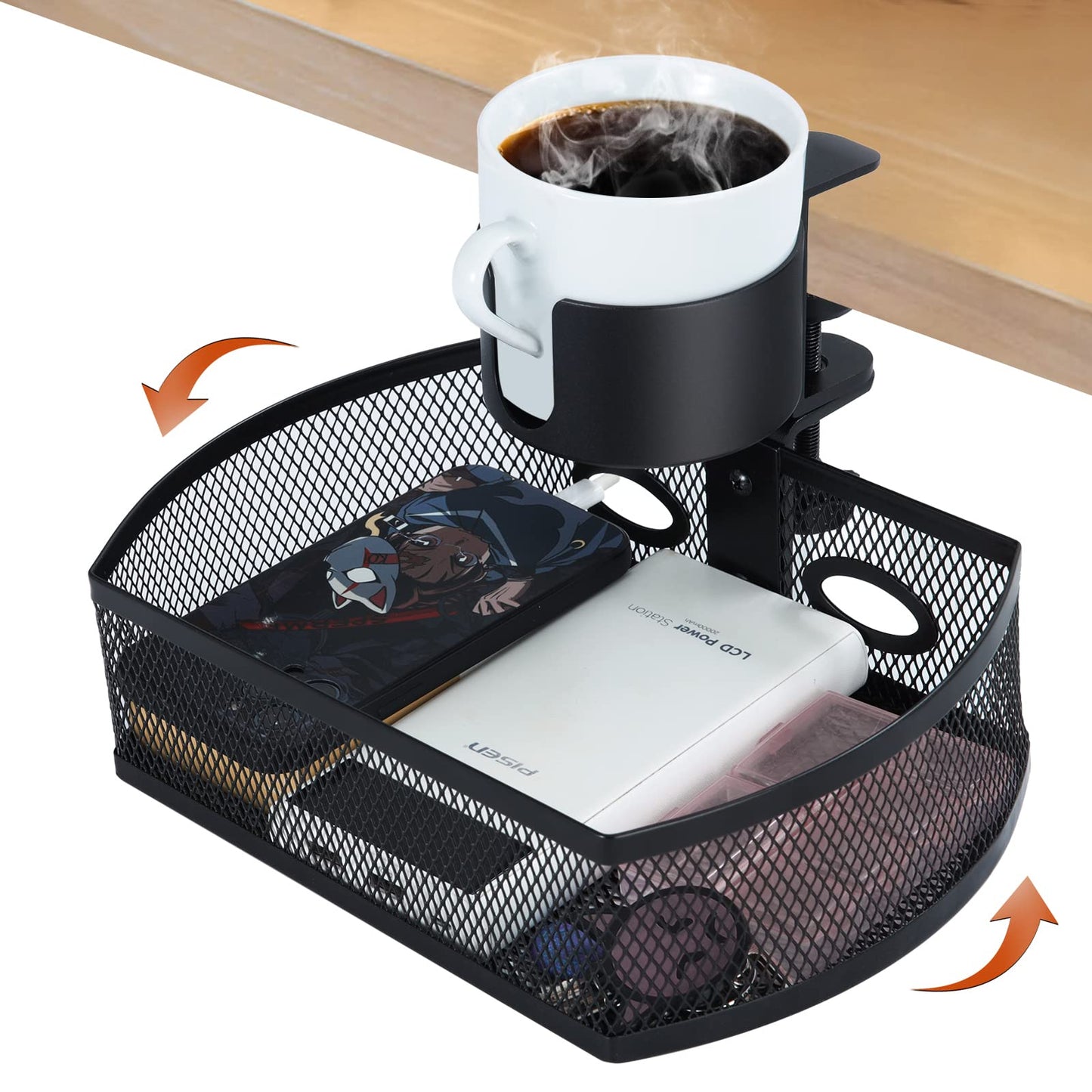 MASTLU Under Desk Organizer,Cup Holder,Table Management Tray, Swivel Pencil Drawer, Office No Drill Steel Organizers,360 Spin Hidden Storage Box with Sturdy C-Clamp,Easy Install (Black)