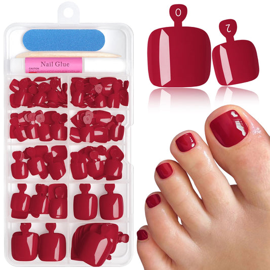 EternalClassic 144pc Press on Toenails for Women Toe Nail Press ons Short Square with Glue&Jelly Glue, Red Fake Toe Nails Glue on Toe Nails, Full Cover Acrylic Artificial Toe Press on Nails