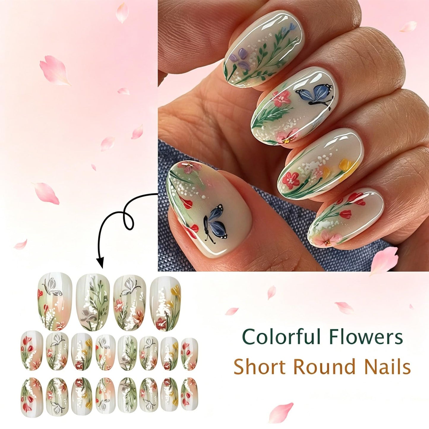 Flower Press on Nails Short Oval, Floral False Nails, Glossy Green Ombre Fake Nail Butterfly Glue on Nail, Leaf Stick on Reusable Acrylic Fingernails for Women Summer Daily Wear