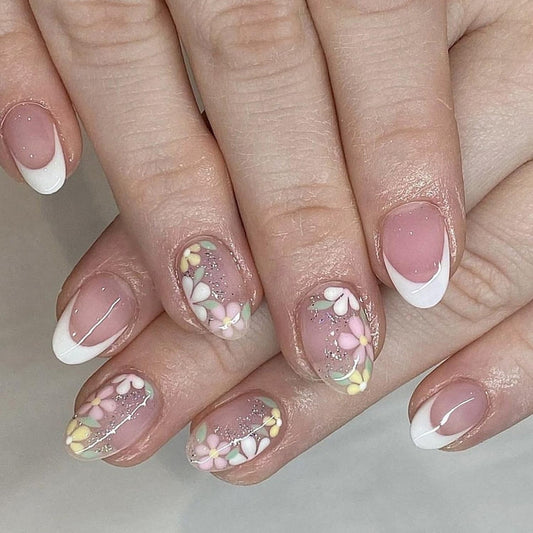 Summer Press on Nails Short Fake Nails Oval False Nails Full Cover White French Tip Press ones Stick on Nails with Flower designs Acrylic Nails Glitter Glue on Nails for Women Girls 24pcs