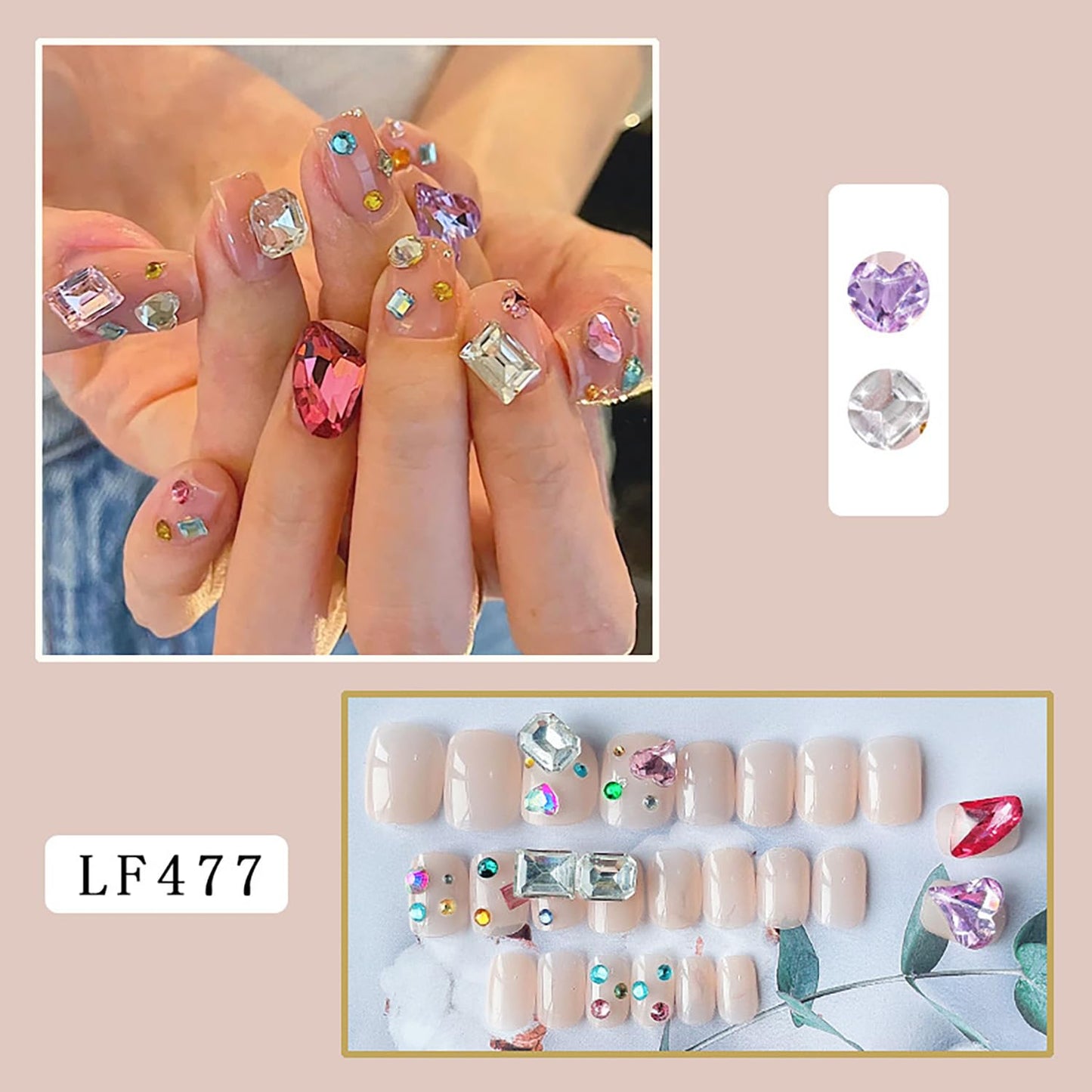 Vezocim Press on Nails Square Short Pink 24Pcs Press on Nails with Heart Rhinestone Gems Designs Glossy Full Cover Acrylic Short Coffin False Nails Glue Fingernails Artificial Fake Nails for Women