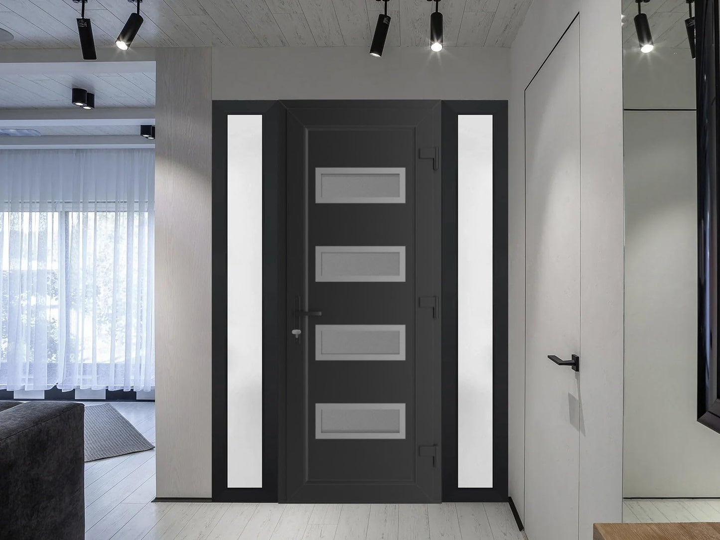 VDOMDOORS Front Exterior Prehung Metal-Plastic Door Frosted Glass | Manux 8113 Matte Black | 2 Side Sidelite Transoms | Residential Doors Entrance Patio Garage 64 x 80 (W14+36+14 x H80) Left-Inswing