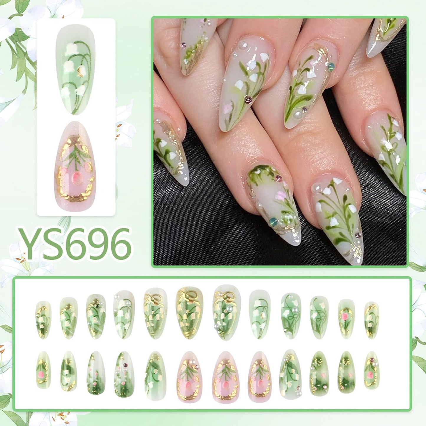 24Pcs Green Press on Nails Medium Almond Fake Nails with 3D Rhinestones Charms Handmade Nail Press ons Gradient Flower Plant Stick on Nails Almond Shape Acrylic Nails Artificial Nails for Daily Wear
