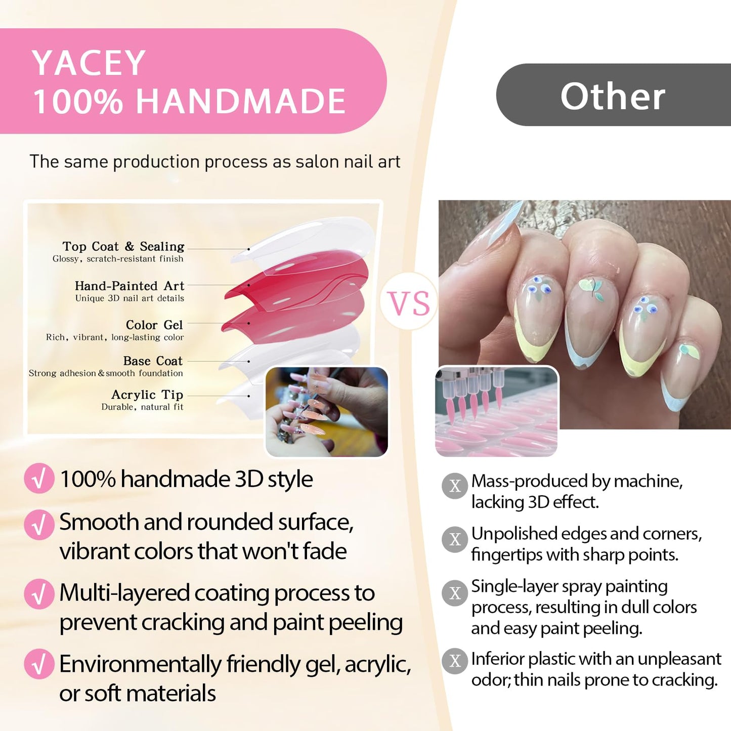 Yacey 3D Floral Handmade Press on Nails, Medium Almond Reusable False Nails Press Ons, Yellow Cat Eyes Thick Acrylic Fake Nails, Luxury Bling Glossy Glue on Nails for Women Girls (10 Pcs, M)