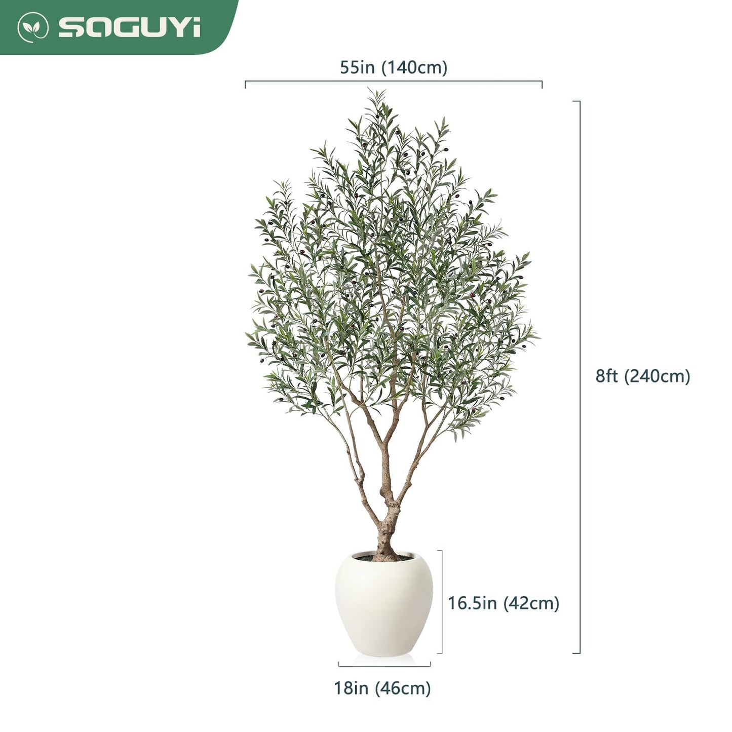 SOGUYI Olive Trees Artificial Indoor, 8 Feet Tall Faux Olive Tree with Round Artisan Planter, Premium Handmade, Realistic Trunk & Lifelike Leaves, Perfect for Large Spaces & Elegant Home/Office Decor