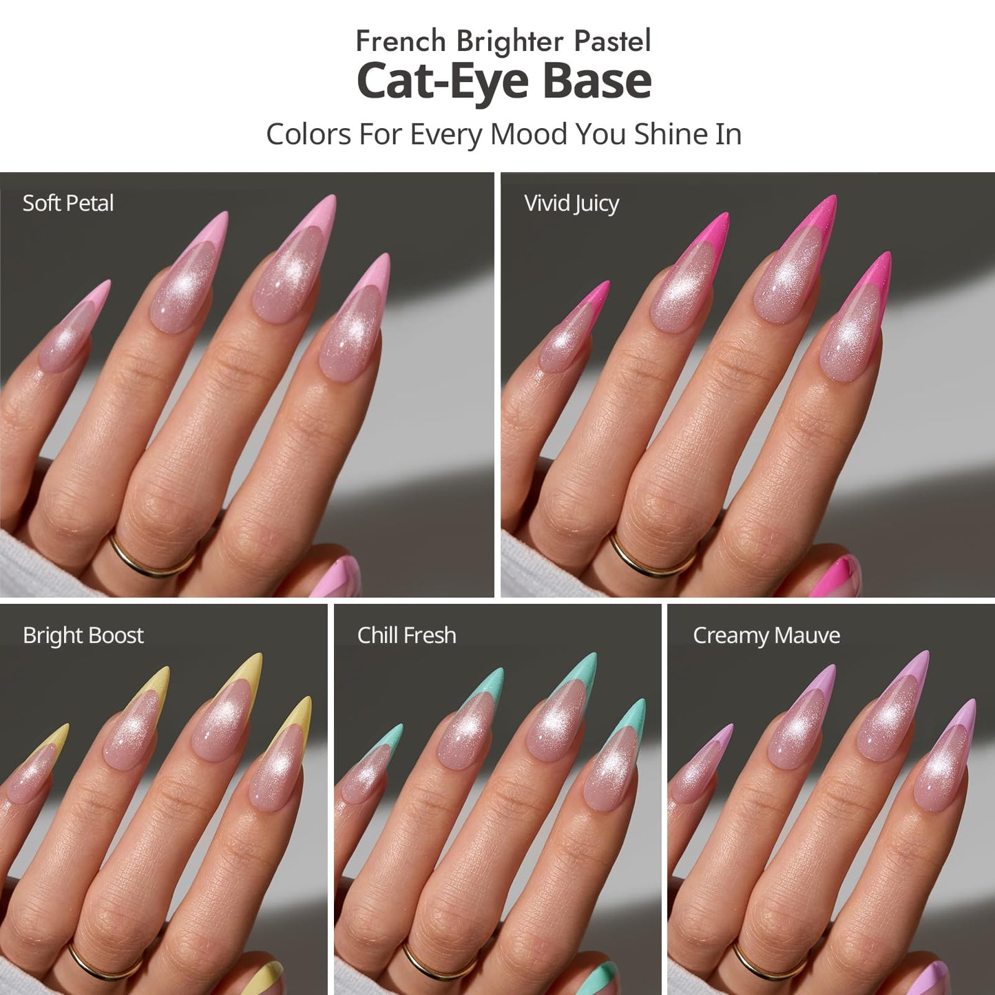 BTArtboxnails XCOATTIPS 5 Brighter Pastel French Tip Press on Nails - Long Stiletto, Cat Eye Base, 4-Week Wear, Easy-to-Apply, Soak Off, Salon Quality Value at Home, 16 Size - 160 Fake Nails
