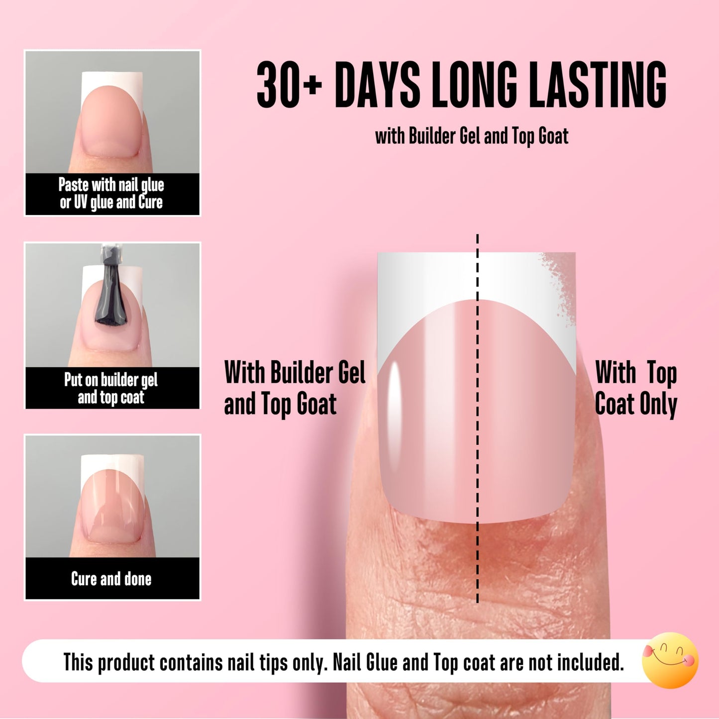 NOVO OVO Short Sharp Square White French Tip Nail Tips Press on BABY PINK, Need Builder Gel Top Coat Nail Glue, Soft Gel Fake Nail Extension, Full Cover False Nails for Salon DIY x 15 Sizes 240 pcs