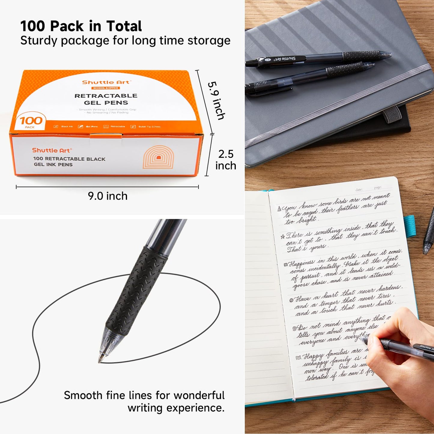 Shuttle Art Black Gel Pens, 100 Pack Retractable Medium Point Rollerball Gel Ink Pens Smooth Writing with Comfortable Grip for Office School Home Work
