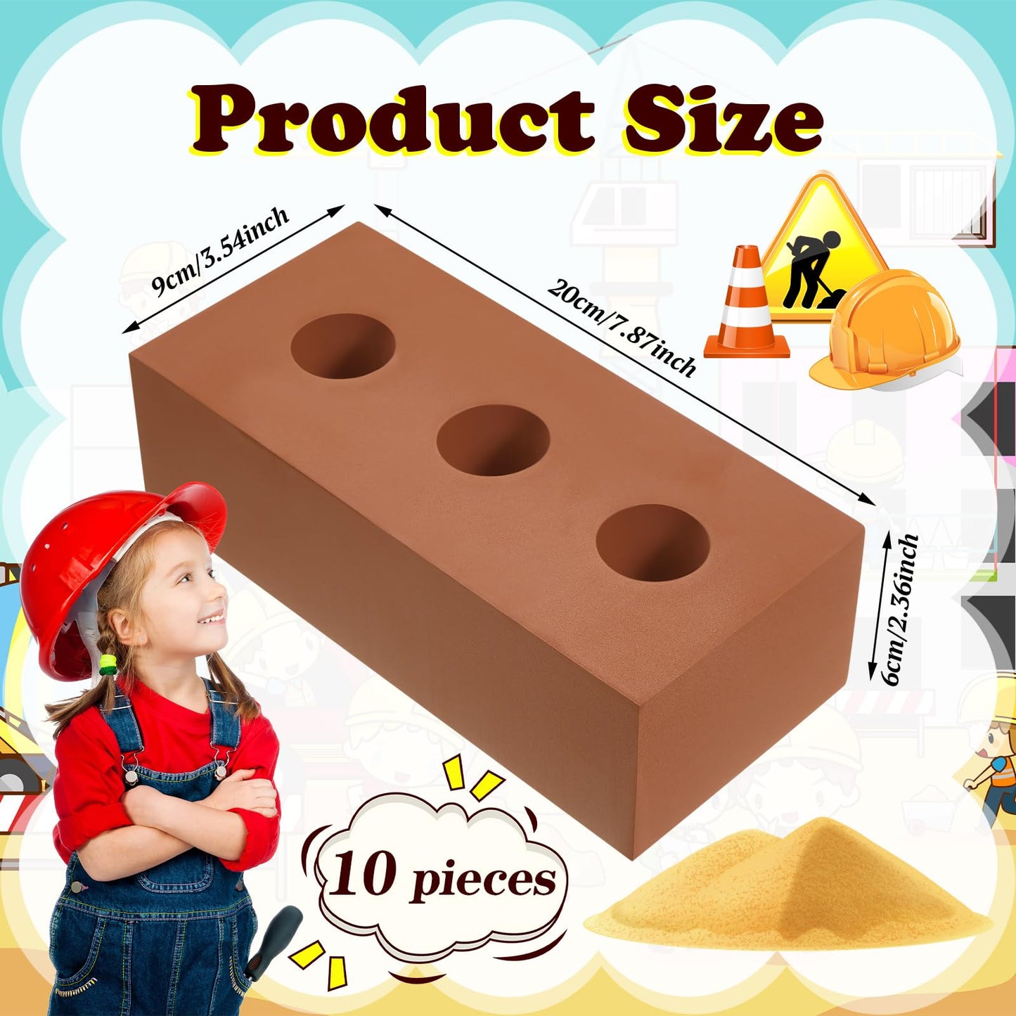 Deekin Foam Brick Building Blocks for Kids Thick Blocks Foam Large Fake Brick Construction Toy for Stacking Construction Gifts, 8 x 4 x 2.4 in(30 Pcs,Circle Holes)