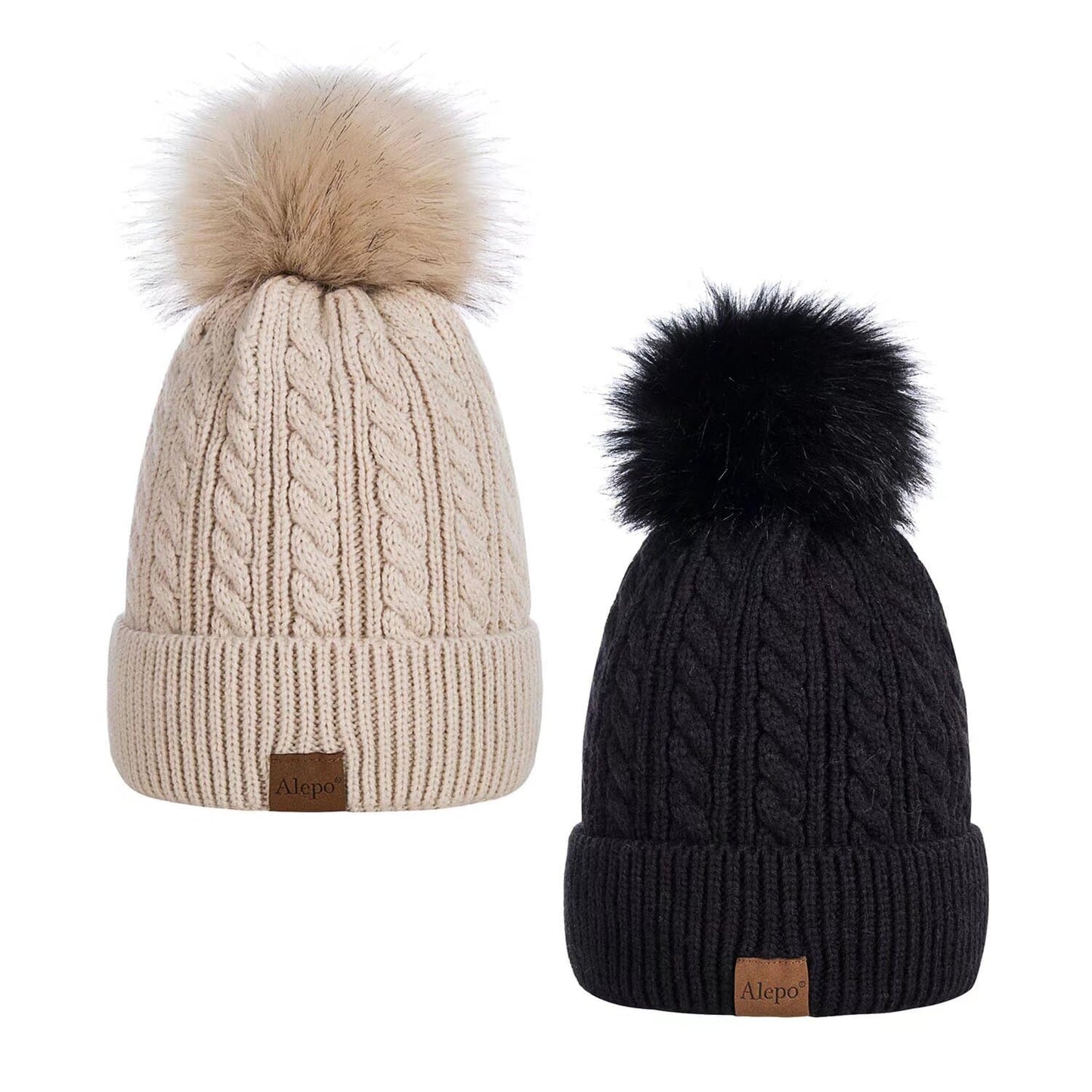 Alepo Womens Winter Beanie Hat, Warm Fleece Lined Knitted Soft Ski Cuff Cap with Pom Pom