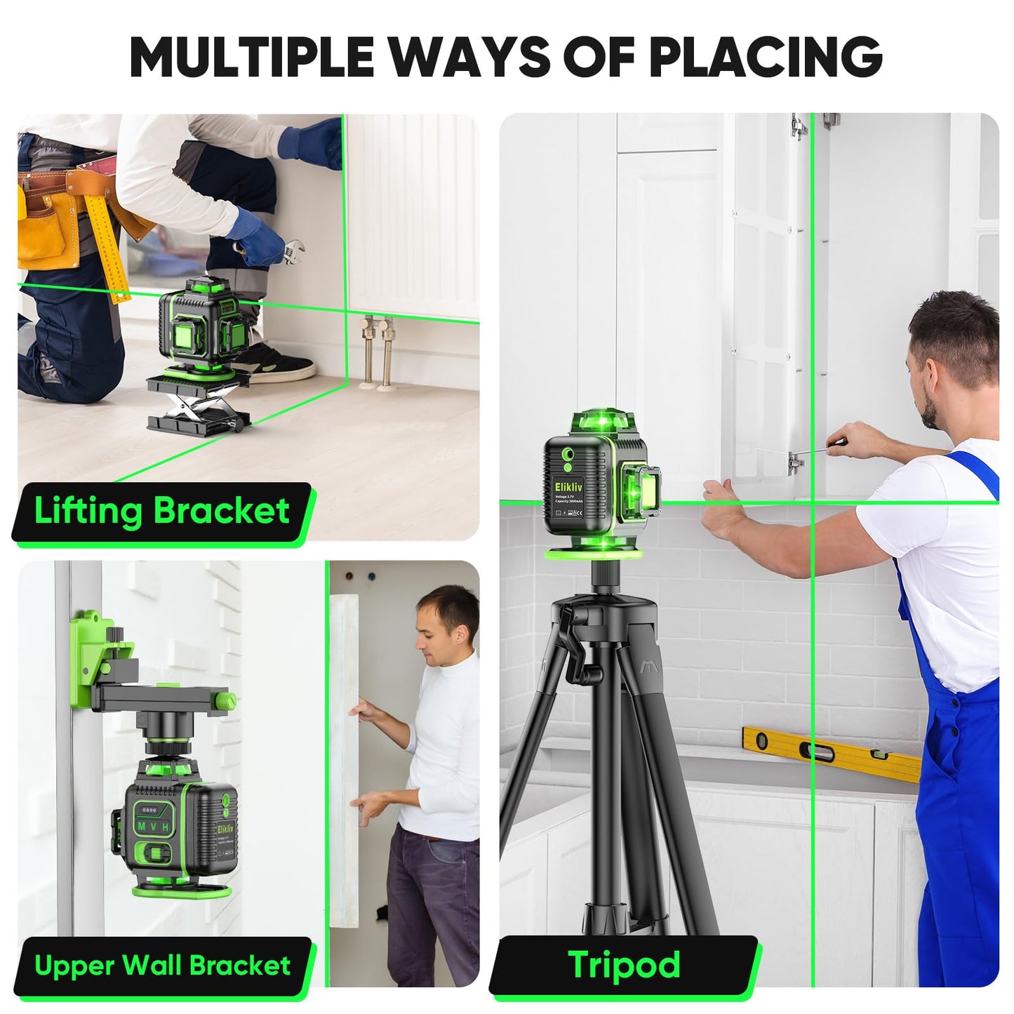 Laser Level 360 Self Leveling with Tripod, Elikliv 4D Laser Level, 165Ft Green Laser Level Lines Tool, 4x360° Cross Line Laser for Construction, Picture Hanging, Floor Tile, Renovation