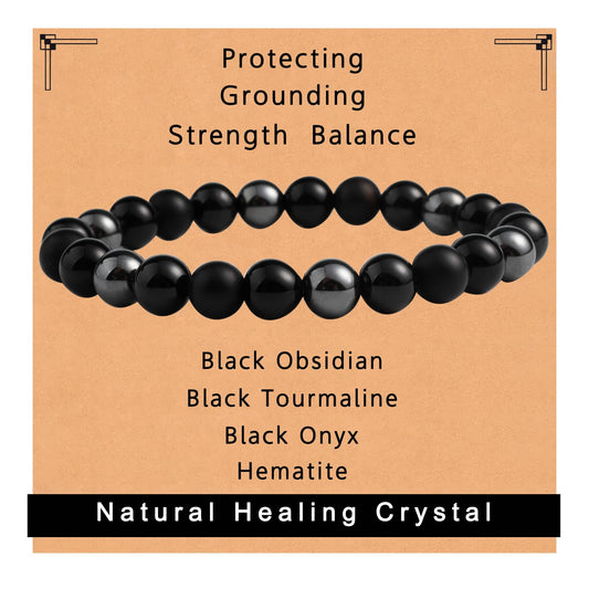 Gracayfr Black Tourmaline Protection Bracelet Empath Obsidian Onyx Triple Natural Stone Healing Crystals Spiritual Gemstone Stretch Bead Hematite 8mm