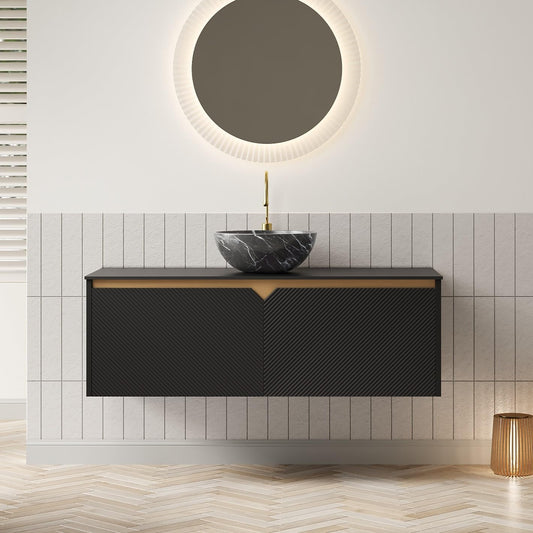 48" Floating Bathroom Vanity with Vessel Sink, RUBEN Wall Mounted Plywood Cabinet, Sintered Stone Countertop, Twill Double Doors with Metal Trim, Modern Storage Unit, Bowl Black Stone Ceramic Basin