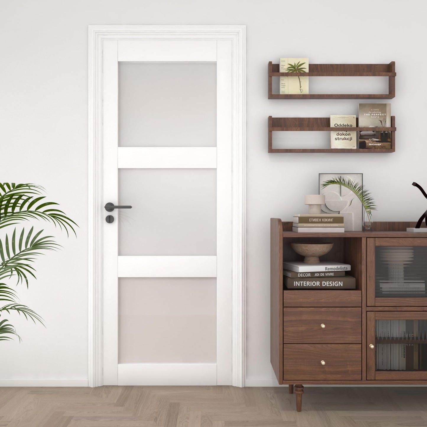 OHTOMO 28"x 80" Interior Door, 3-Lite Frosted Glass Door Slab, Solid Core with MDF Panel, for Bathroom Pantry Laundry Room, White Primed, Without Frame and Hardware Kit