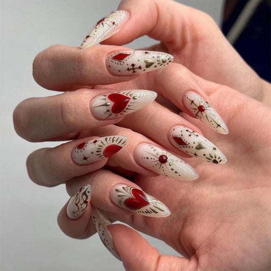 FJSMTOPl Valentines Day Press on Nails -Long Almond Fake Nails - Red Heart False Nails - with Design Gold Glue on Nail - Acrylic Stick on Nails Press ons - for Women Manicure 24Pcs
