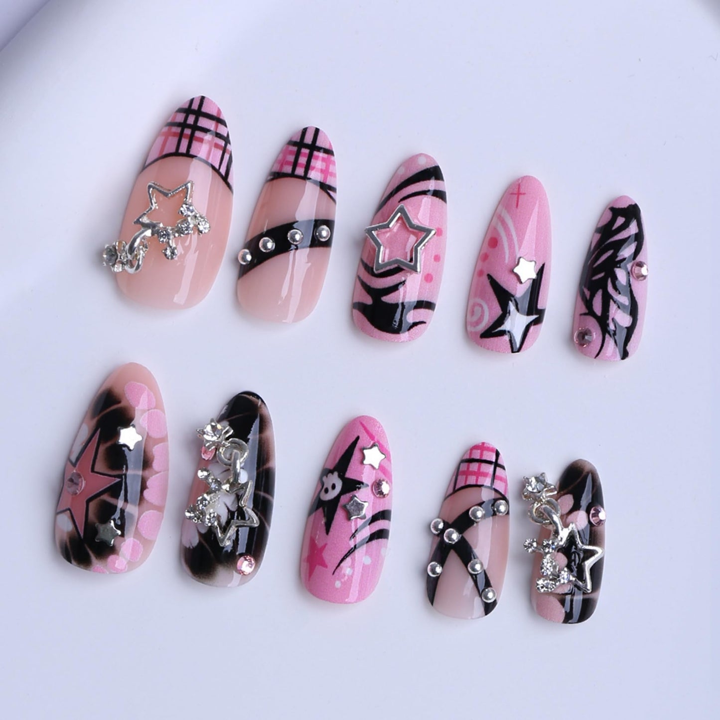 SEENEEY Almond Press on Nails Medium Fake Nails Pink Artificial Nail Stars and Rhinestones Designs Stick on Nail for Women 24pcs
