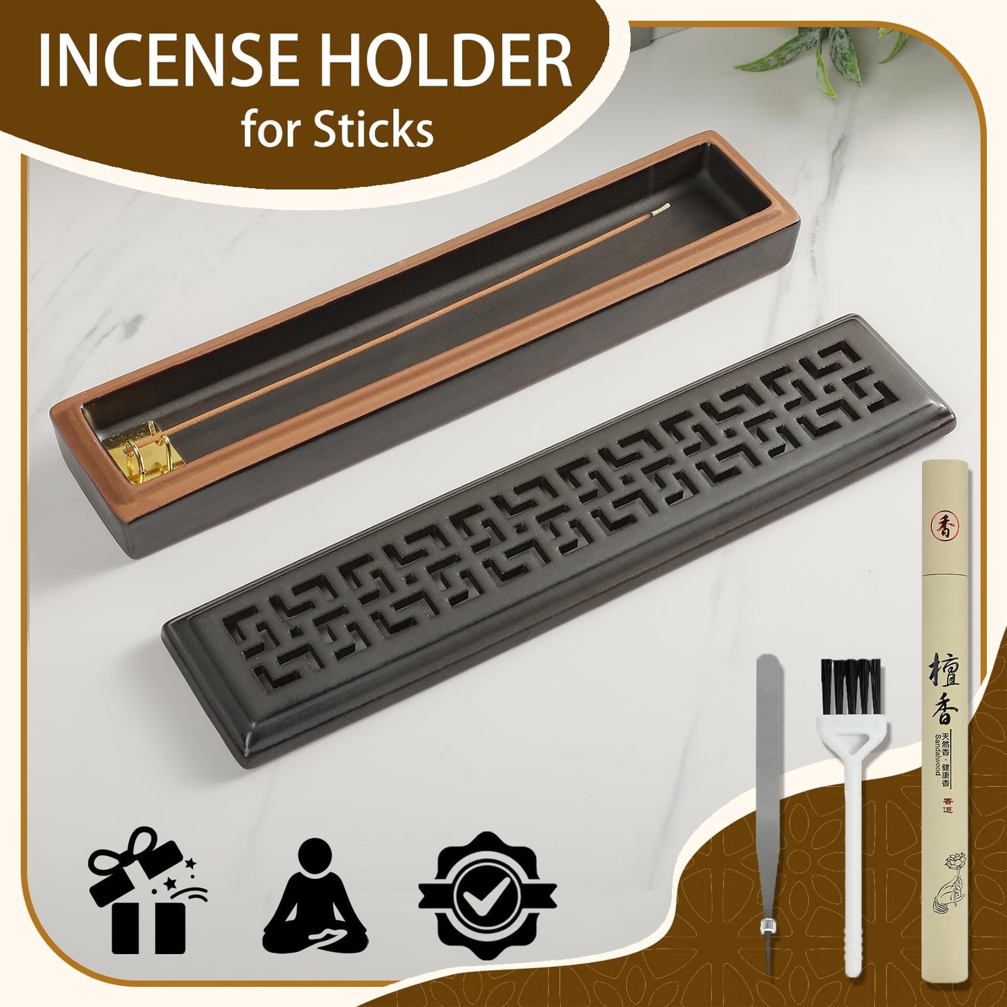 CEREMONY Incense Holder for Sticks, Ceramic Insence-Stick Holder Ash Catcher, Incense Holder Timkburner for Meditation Yoga Spa Room Incense Holder (Lever Brown)