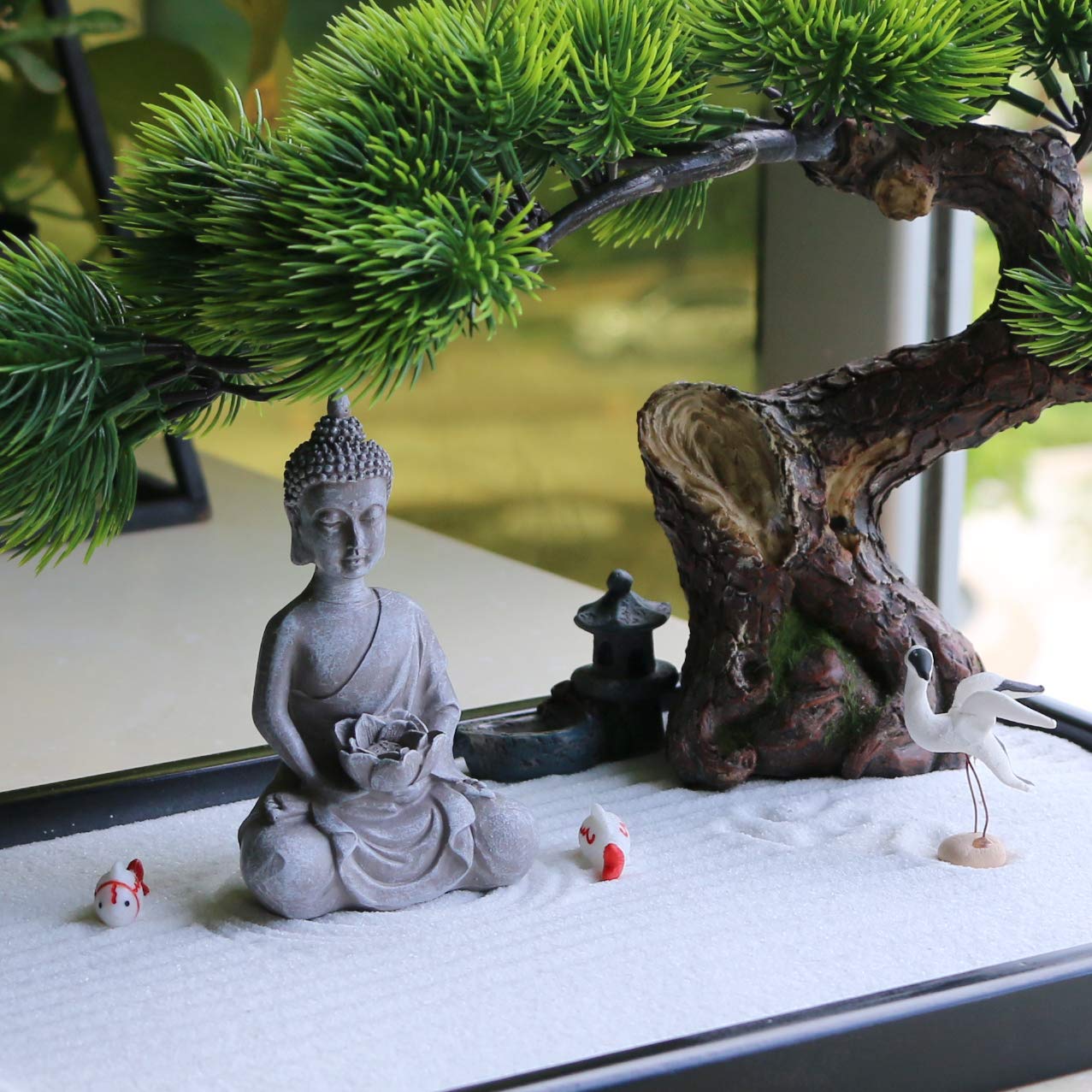 BangBangDa Japanese Zen Garden Kit for Desk - Meditation Rock Sand Garden for Birthday Gift Office Home Desktop Relaxation Decor Bamboo Rakes Bonsai Tree Pagoda Accessories Tools Kits