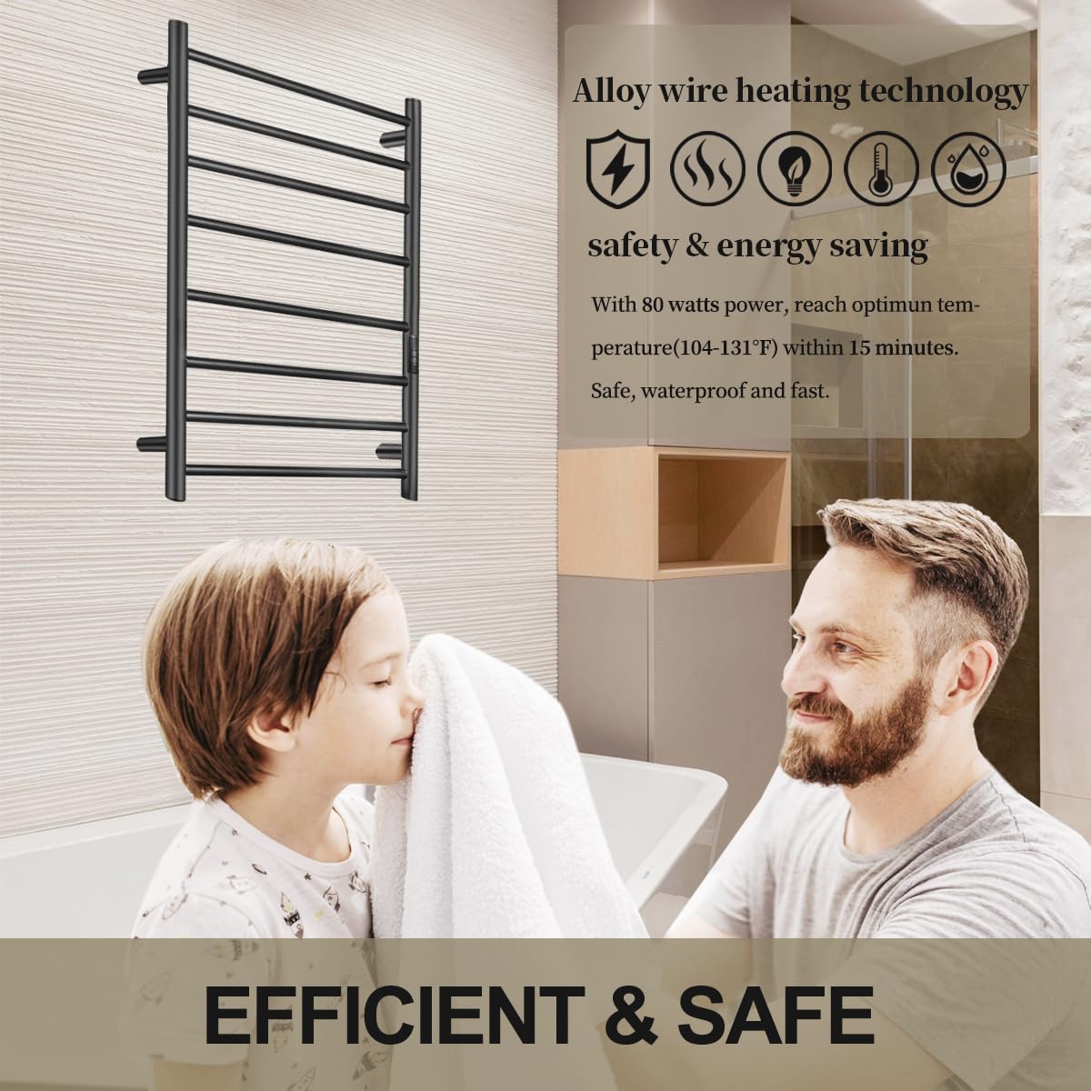 Aquatrend Towel Warmers for Bathroom, Electric Heated Towel Rack Wall Mounted, Hot Storage Rack with Built-in Timer, Stainless Steel, 8 Bars, Plug-in, Fast Heating, Black