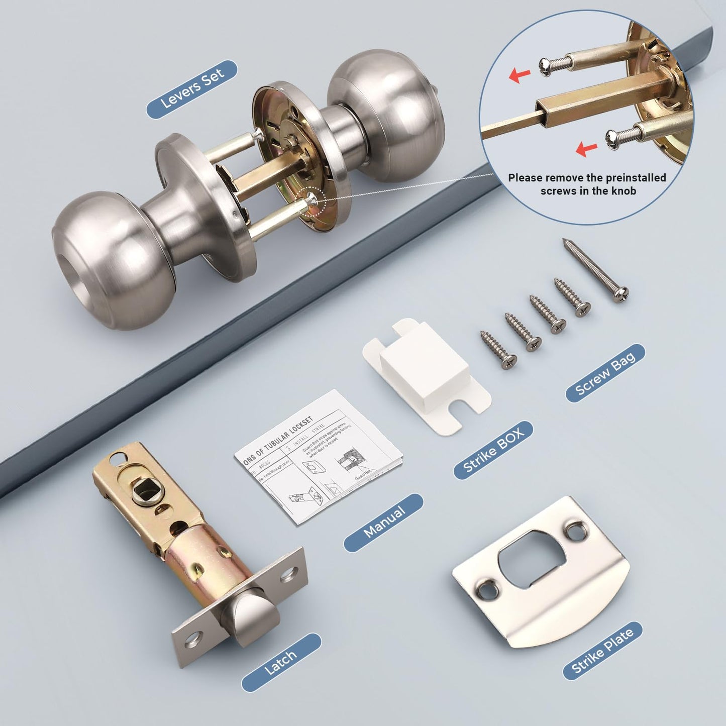 KNOBWELL 8 Pack Privacy Door Knob with Lock in Brushed Nickel Finish for Bedroom and Bathroom, Indoor Security Door Handle with Privacy Lock, Satin Nickel Interior Door Knobs