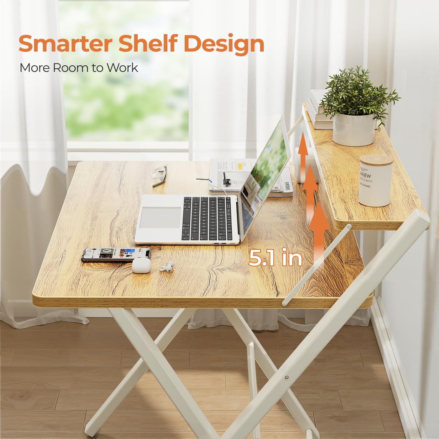 GreenForest Portable Small Desk No Assembly, 2-Tier Compact Computer Desk with Shelf, Space Saving Foldable Table for Home Office, Bedroom or Apartment, Portable Collapsible Sturdy Laptop Desk, Oak