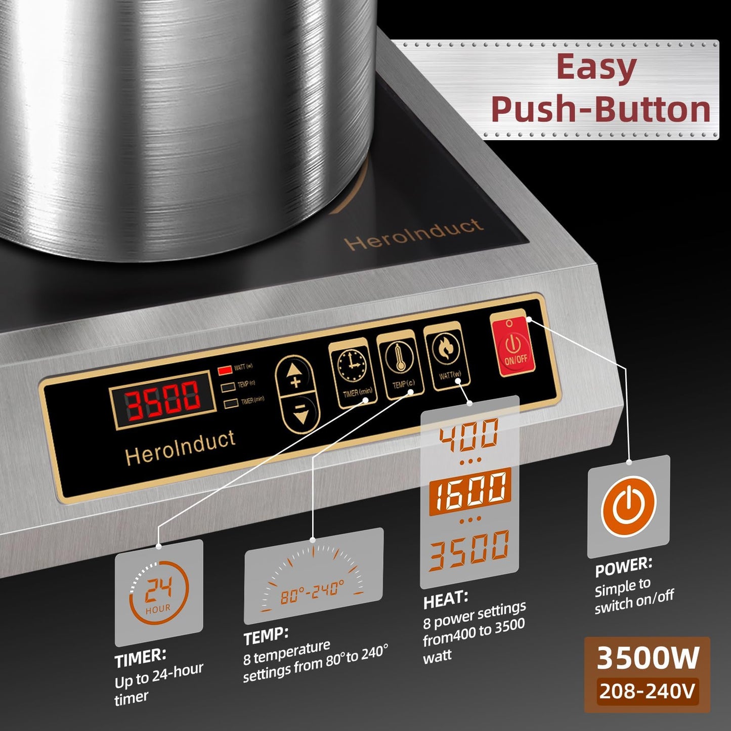 HeroInduct Portable Induction Cooktop 208-240V 3500W Commercial Range Countertop Burner Dual IGBT Modules 8 Heating Level Timer Sensor Push-Button Premium Stainless Steel Housing Ceramic Glass（Black）