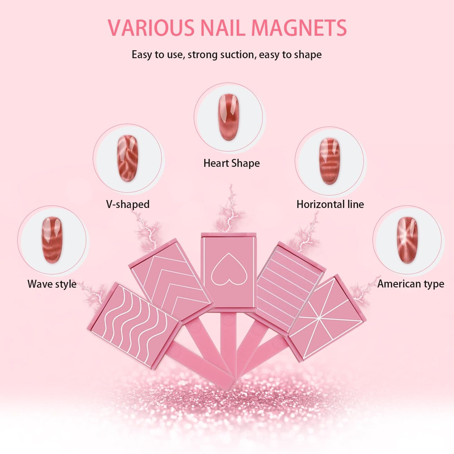 5 in 1 Cat Eye Magnet for Nails Art, 7Pcs Multifunctional Cat Eye Gel Nail Polish Magnet Stripe Nail Magnet Wands for Nails Cat Eye Nail Design Tools Nail Art Accessories(Pink)