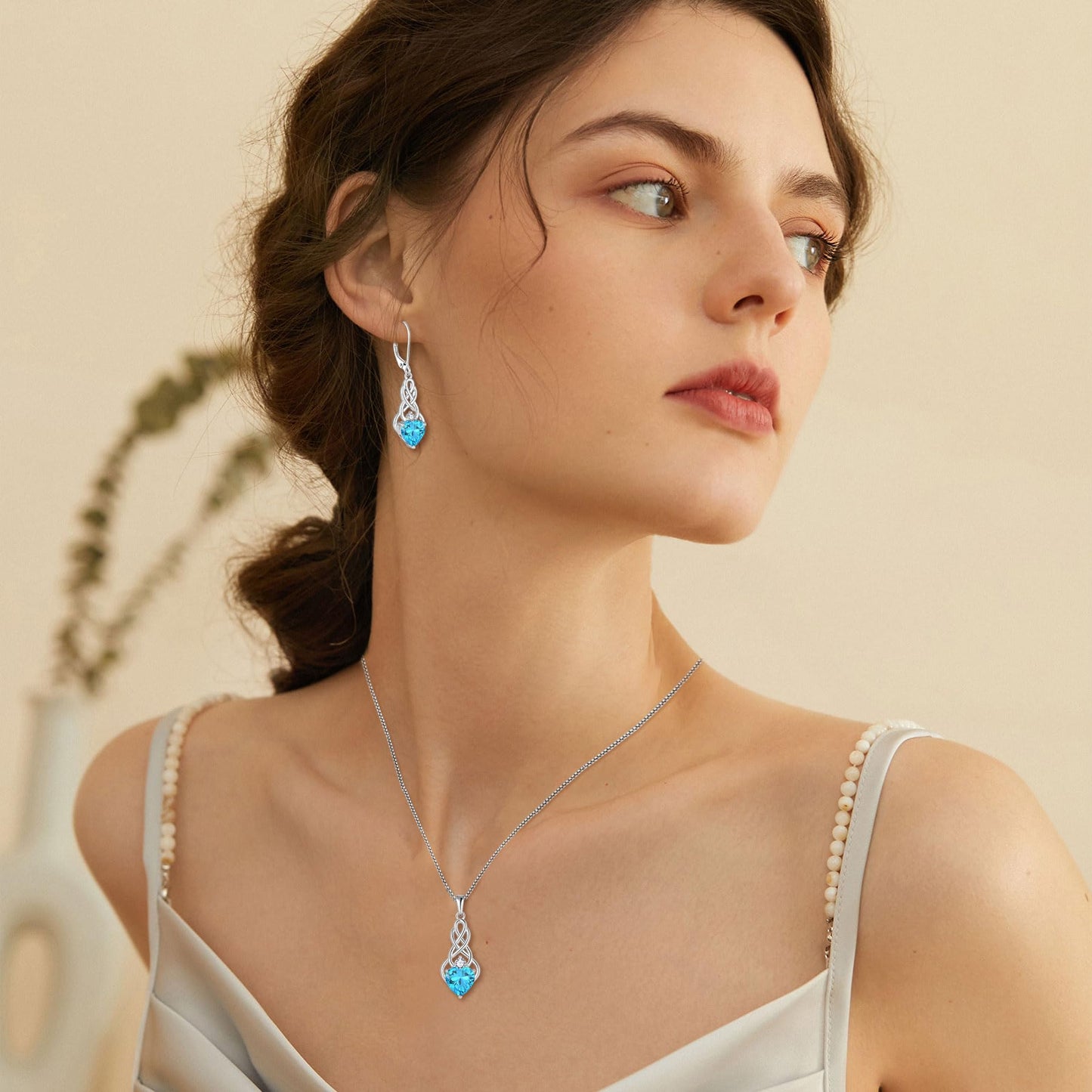 FJ Infinity Celtic Knot Jewelry Set for Women 925 Sterling Silver Aquamarine Necklace and Earrings Set March Birthstone Jewelry Gifts