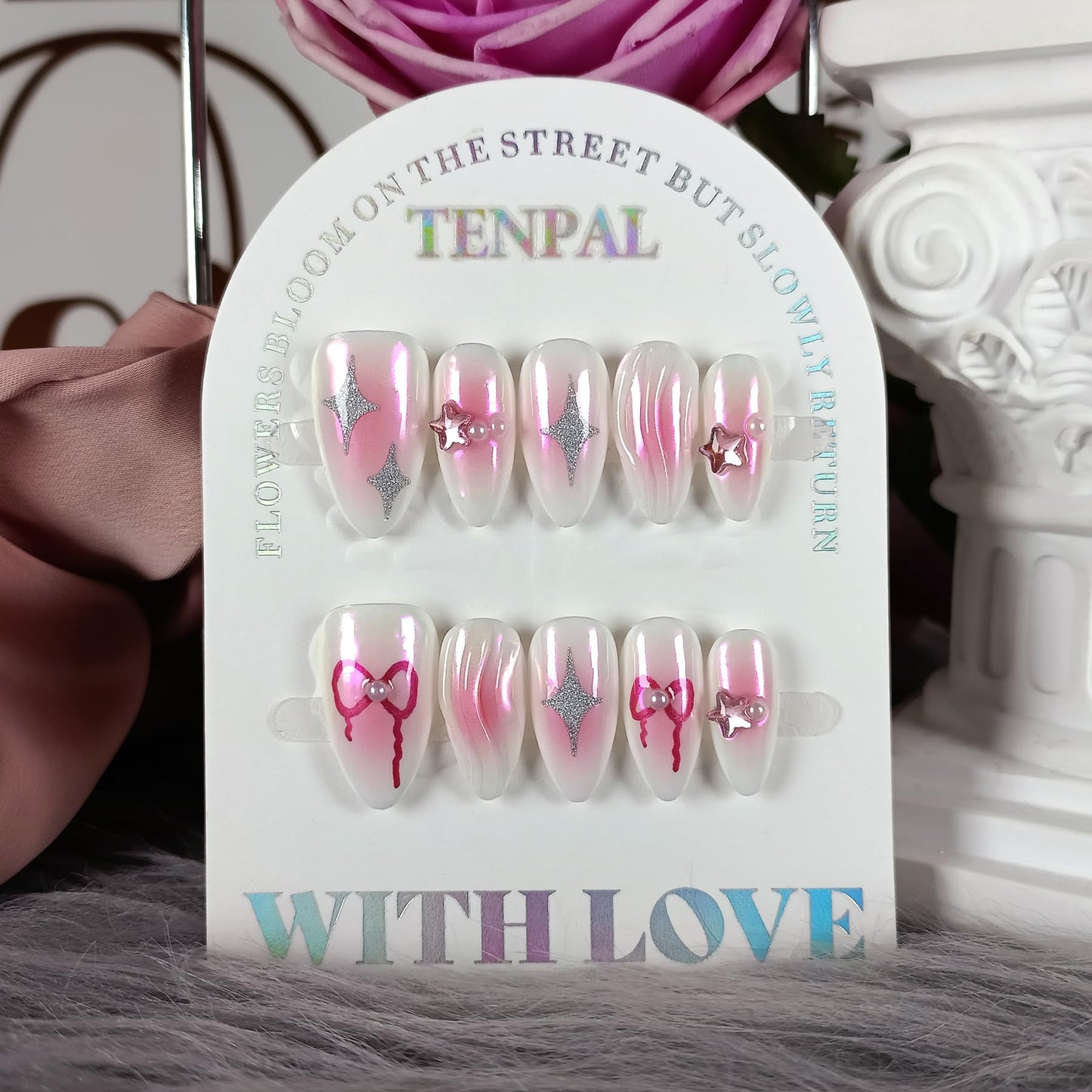 TENPAL Handmade Aurora Pink Press On Nails Medium Almond-Acrylic Glossy Y2k Sweet Cool Soft Gel Fake Nails For Women Girls,Reusable Star Bow Pattern Glue On Nails With Charms 10pcs/Box Kits (XS)