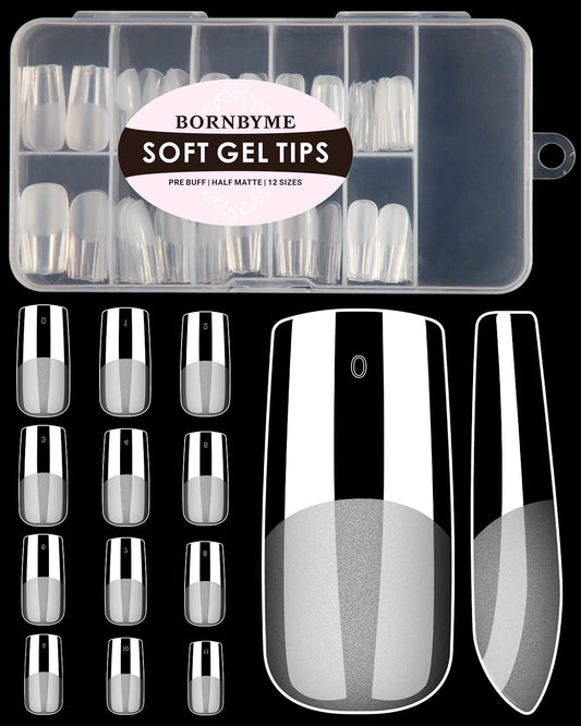 Soft Gel Nail Tips Medium Square, 120PCS Pre Buff Full Cover Nail Extenison Tips Half Matte Gel Nail Tips BORNBYME