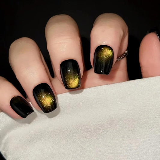 HOSAILY Black Gold Cat Eye Press on Nails Short Square New Year Fake Nails with Magnetic Shimmer Design, 24pcs Glossy Soft Gel Glue on Nails Coffin, Salon Quality Stick on Nails Press Ons for Women