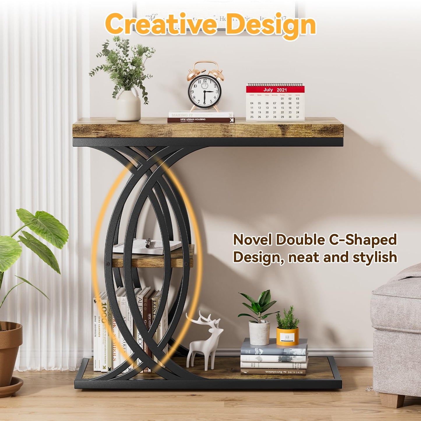 FJLHOHG C Shaped End Table, Bed Side Table, 3-Tier Side Table with Metal Frame, Wood End Table with Storage for Living Room, Couch, Sofa, Bedroom, Easy Assembly, 23.6" D*11.8" W*23.6" H, Rustic Brown