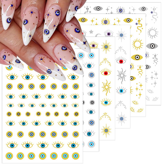6 Sheets Halloween Eye Nail Art Stickers 3D Self Adhesive Gold Silver Nail Stickers Gothic Eye Nail Decals Star Sun Nail Art Supplies Halloween Holiday Nails Supply for Women DIY Manicure Kit