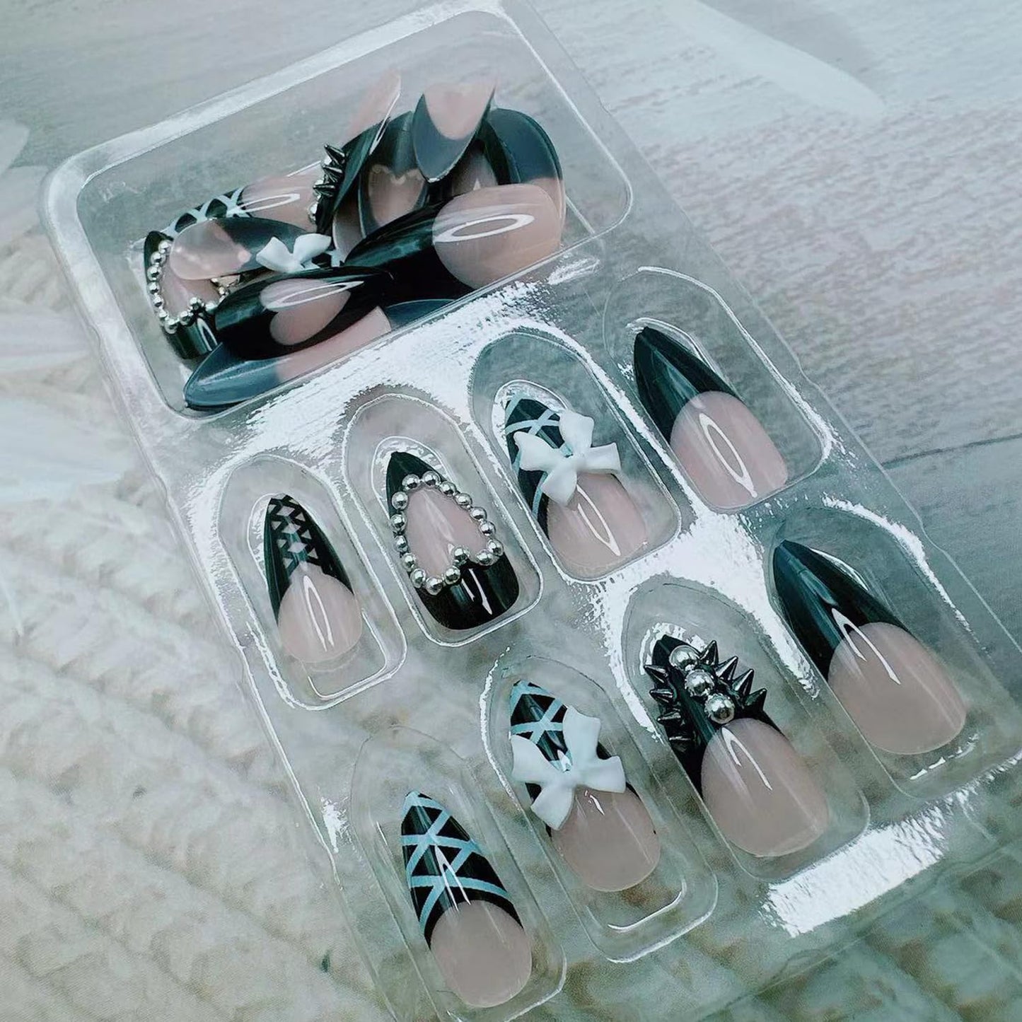 French Tip Press on Nails with Charms Fake Nails Heart with Studs Pearls Designs French Nails Press on Almond Shape Acrylic Nails Rhinestones Nails Cute Bow Stick on Nails for Women Daily Wear