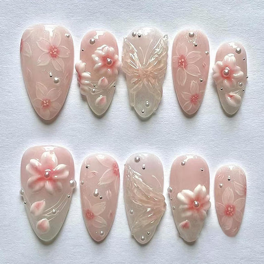 24 Pcs Pink Press on Nails Short Almond,MINGCHUN Fall Fake Nails Press ons Acrylic Nail Art Tips Kit Full Cover False Nails Glue on Nails with Flowers Pearl 3D Texture Design for Women Nail Supplies