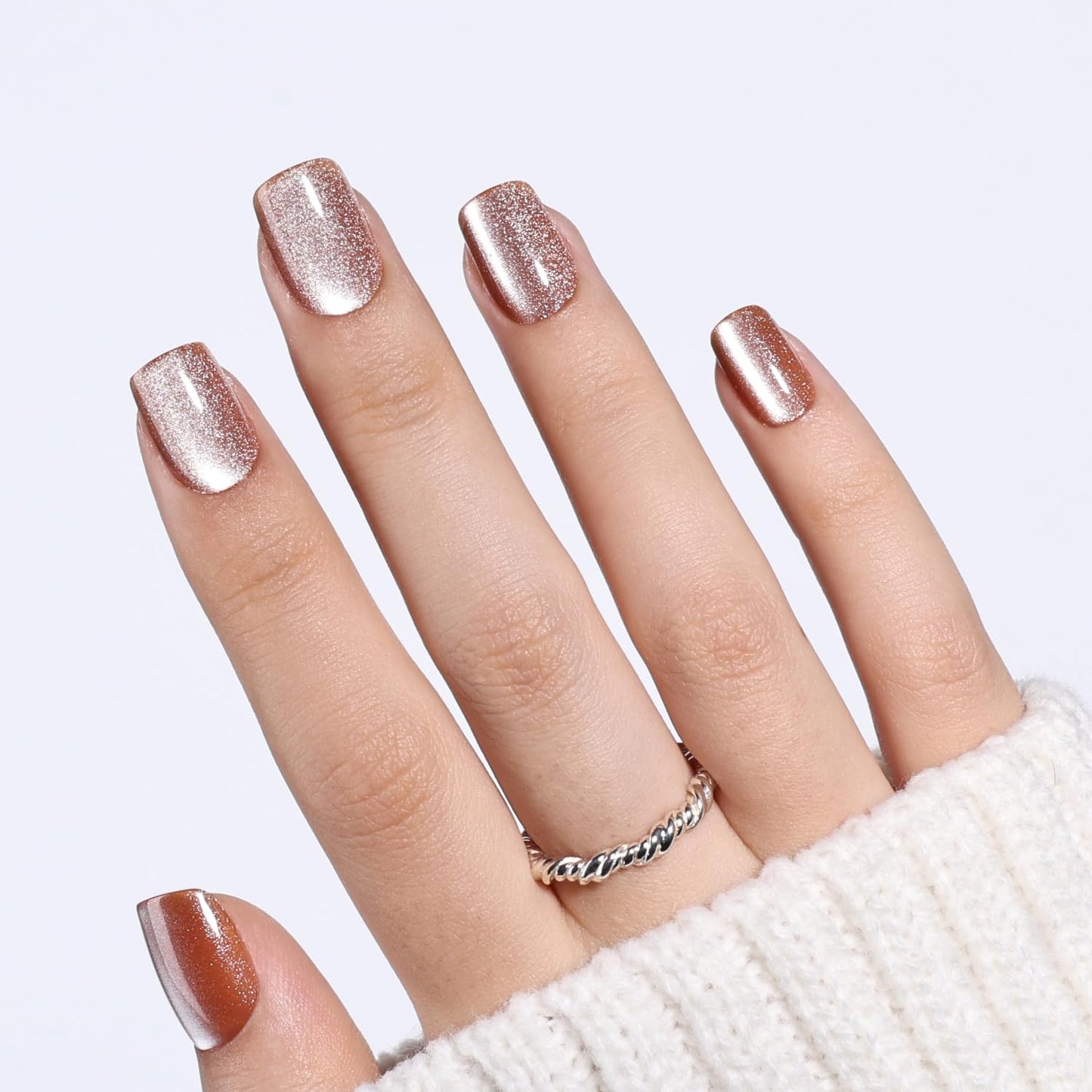 Leefrei Cat Eye Press On Nails Short Square - Warm Gold Brown Shimmer Nails Press ons Reusable Glue On Nails for Women, 15 Sizes 30 Pieces Nail Kit with Glue, Amber Gold