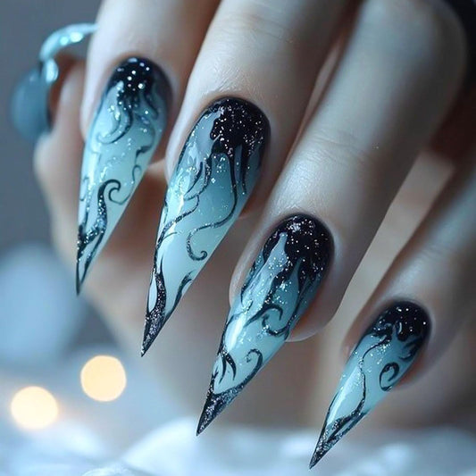 RUOKEXIN Long Stiletto Press on Nails French Tip Fake Nails Glitter False Nails with Designs Almond Nail Press ons Sparkly Artificial Nails for Women 24Pcs