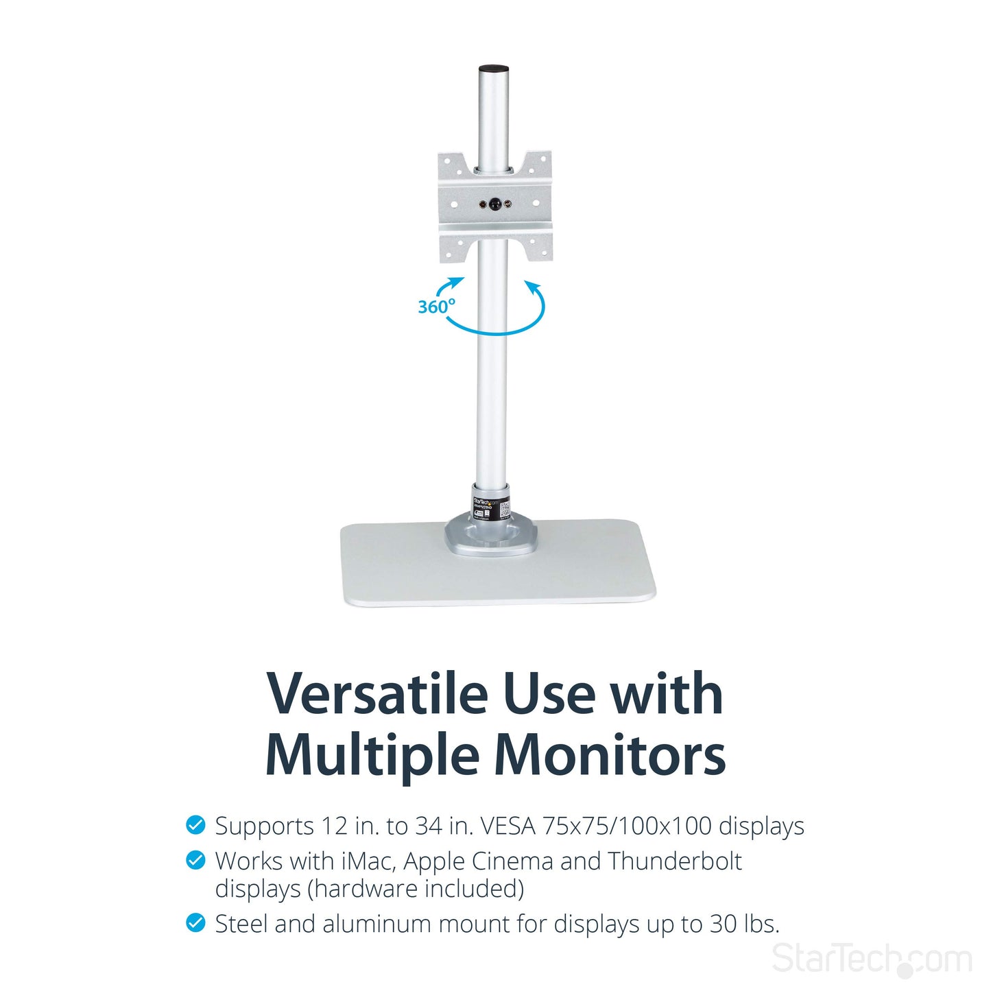StarTech.com Single Monitor Stand, Adjustable, Supports UHD, iMac and Apple Thunderbolt Displays from 12'' to 34" (30.9lb/14kg), Premium Single Screen VESA Monitor Mount Stand, Silver, TAA