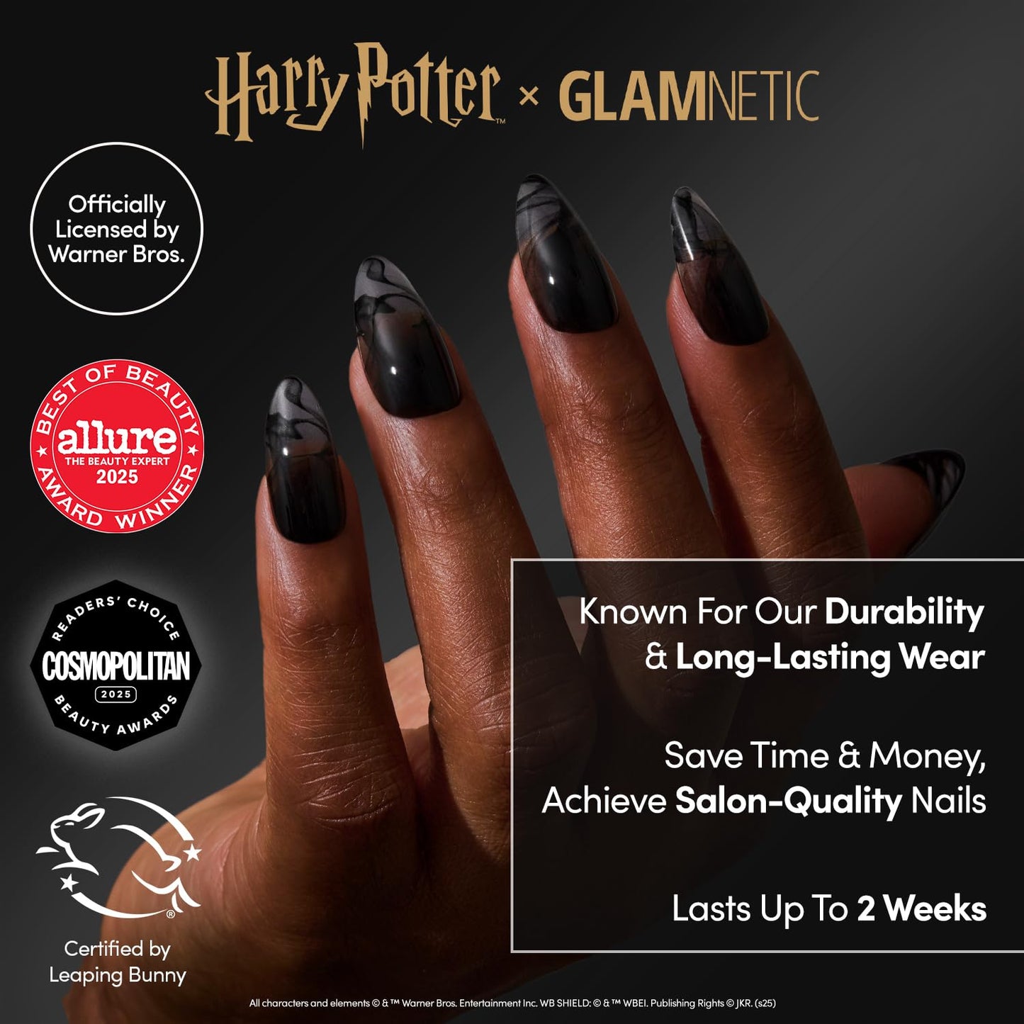 Glamnetic Press On Nails x Harry Potter™ - Dementor™ | Medium Almond Fake Nails with Smoky Black Gradient Tips, Salon Quality, Officially Licensed | 15 Sizes - 30 Nail Kit with Glue
